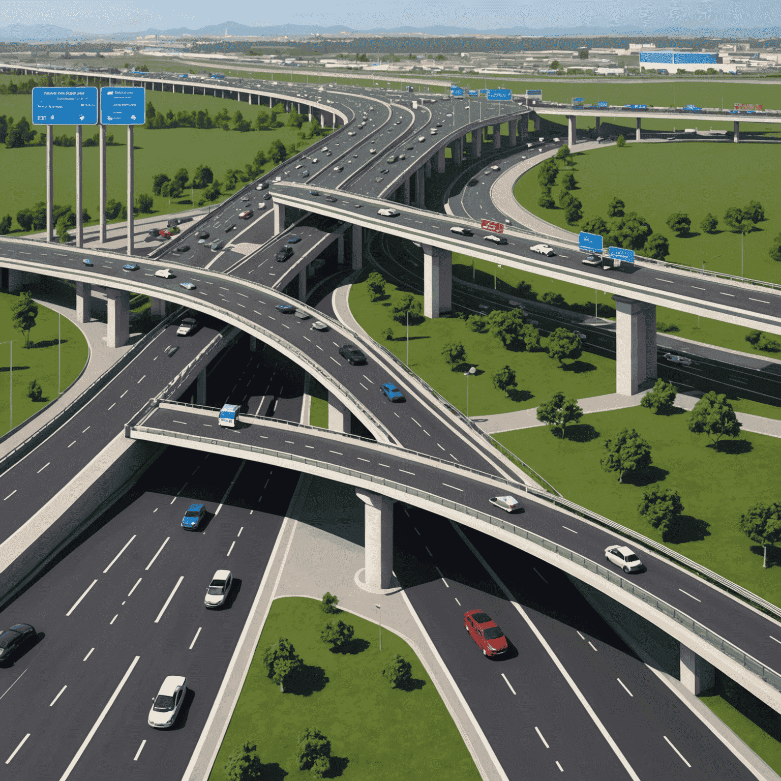 A modern highway with electronic toll gates, showcasing seamless traffic flow and advanced technology integration for efficient toll collection