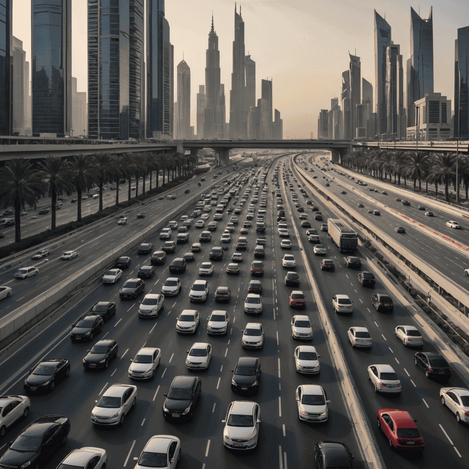 Heavy traffic on Sheikh Zayed Road with multiple lanes of cars at a standstill