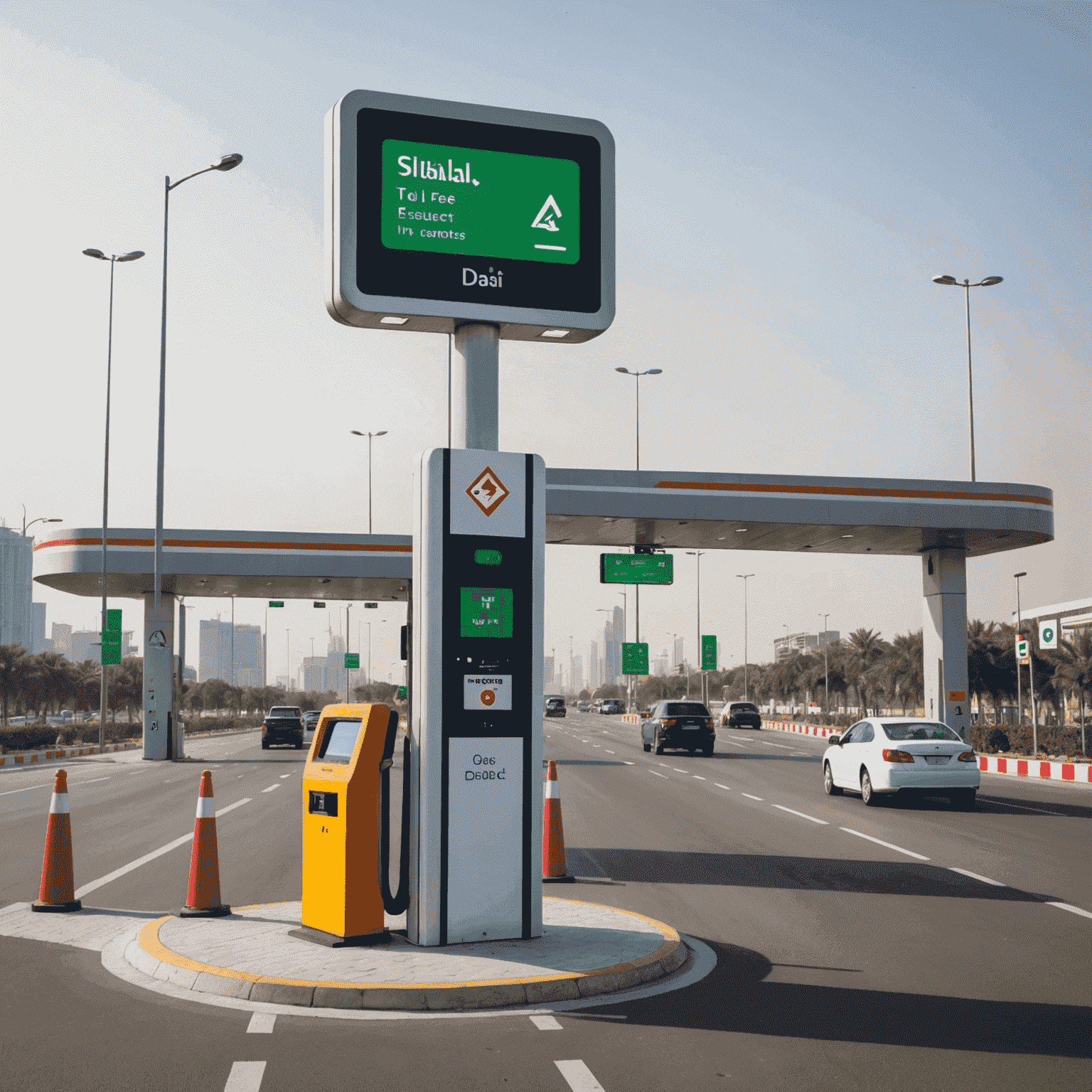 A Salik toll gate in Dubai with electronic sensors and a digital display showing the new AED 5 fee