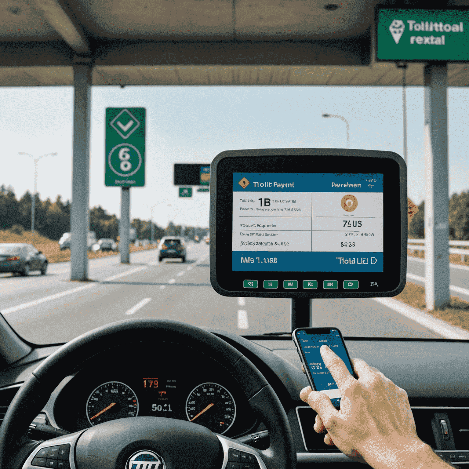 A digital interface showing a toll payment transaction, with a car passing through a toll gate in the background