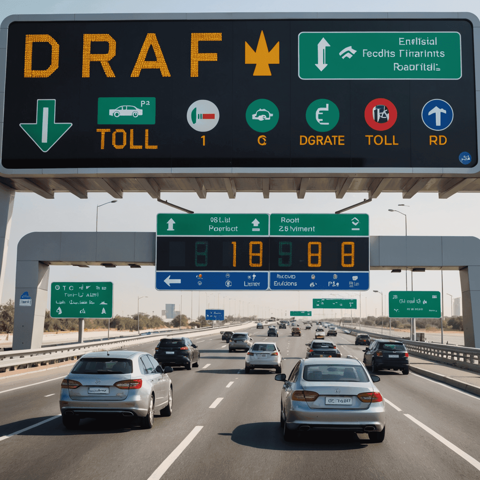 A modern toll gate on a UAE highway with cars passing through. The image shows an electronic display indicating successful toll payments and a RoadPass logo.