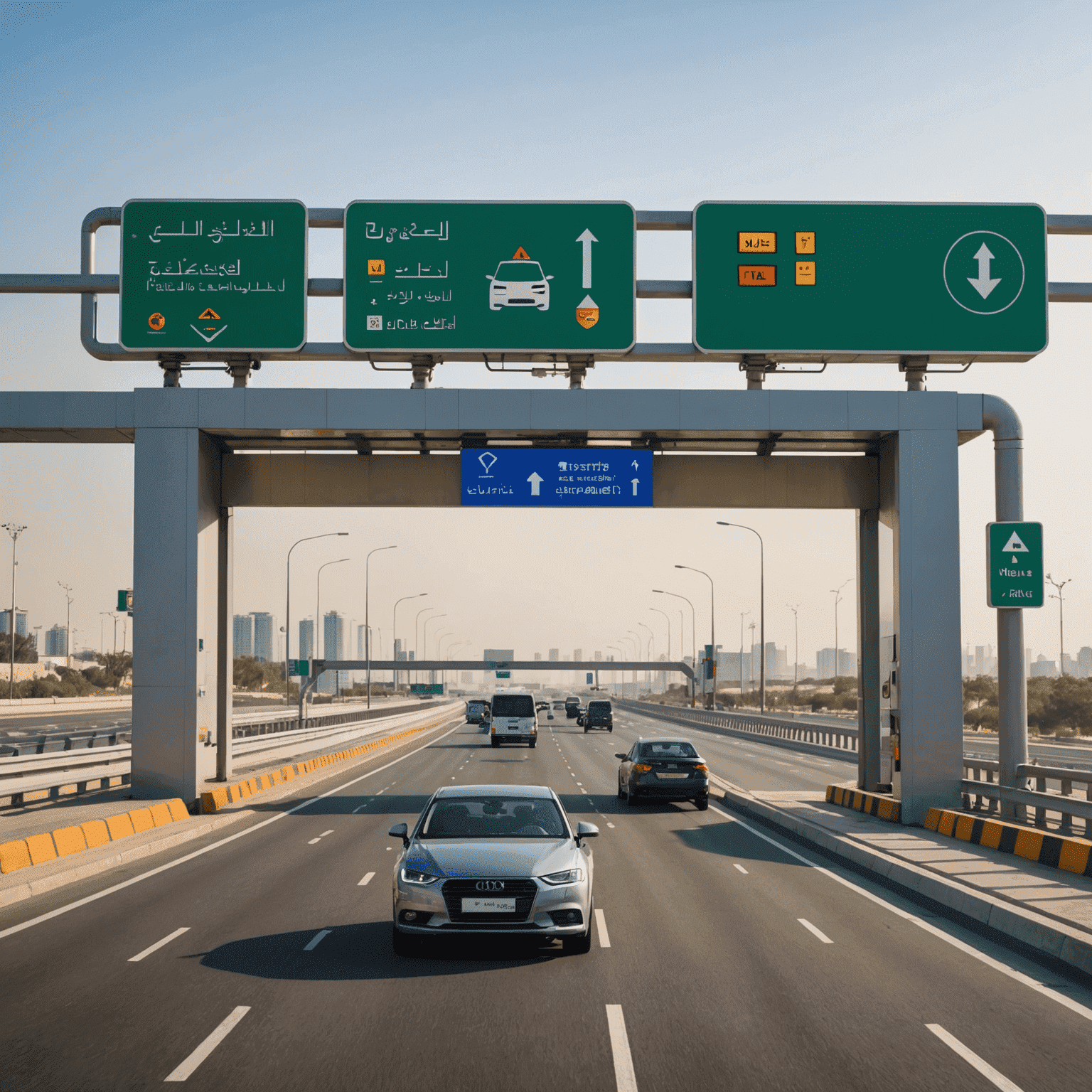 A modern car passing through an electronic toll gate on a UAE highway. The toll gate has advanced sensors and cameras for automatic vehicle detection.