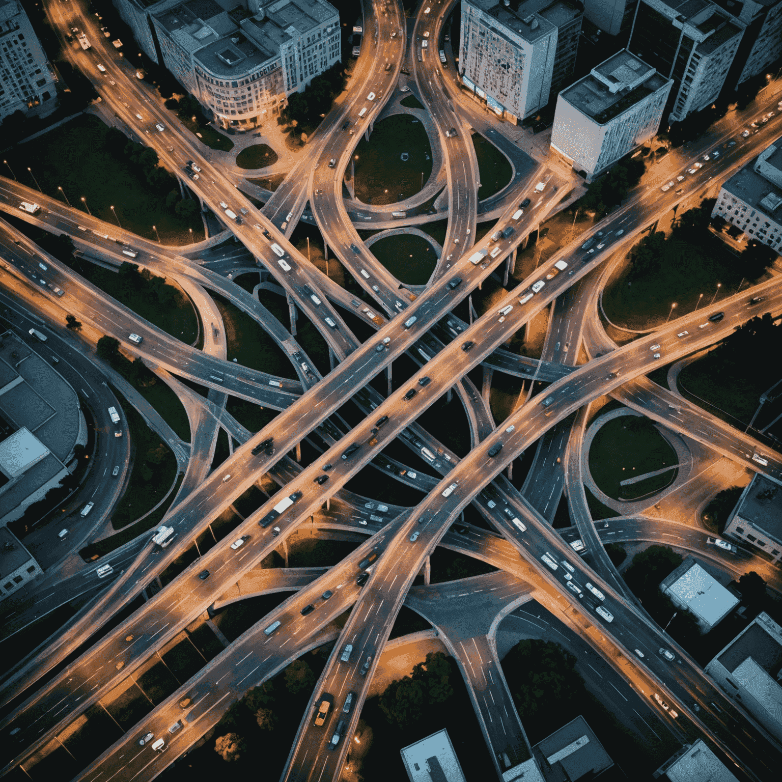 Aerial view of a busy highway intersection with cars and traffic lights, showcasing real-time traffic monitoring