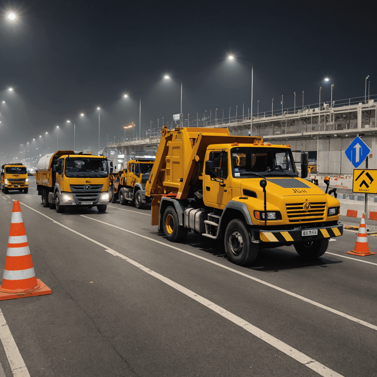 Night-time roadworks on Al Khail Road with construction vehicles and warning signs