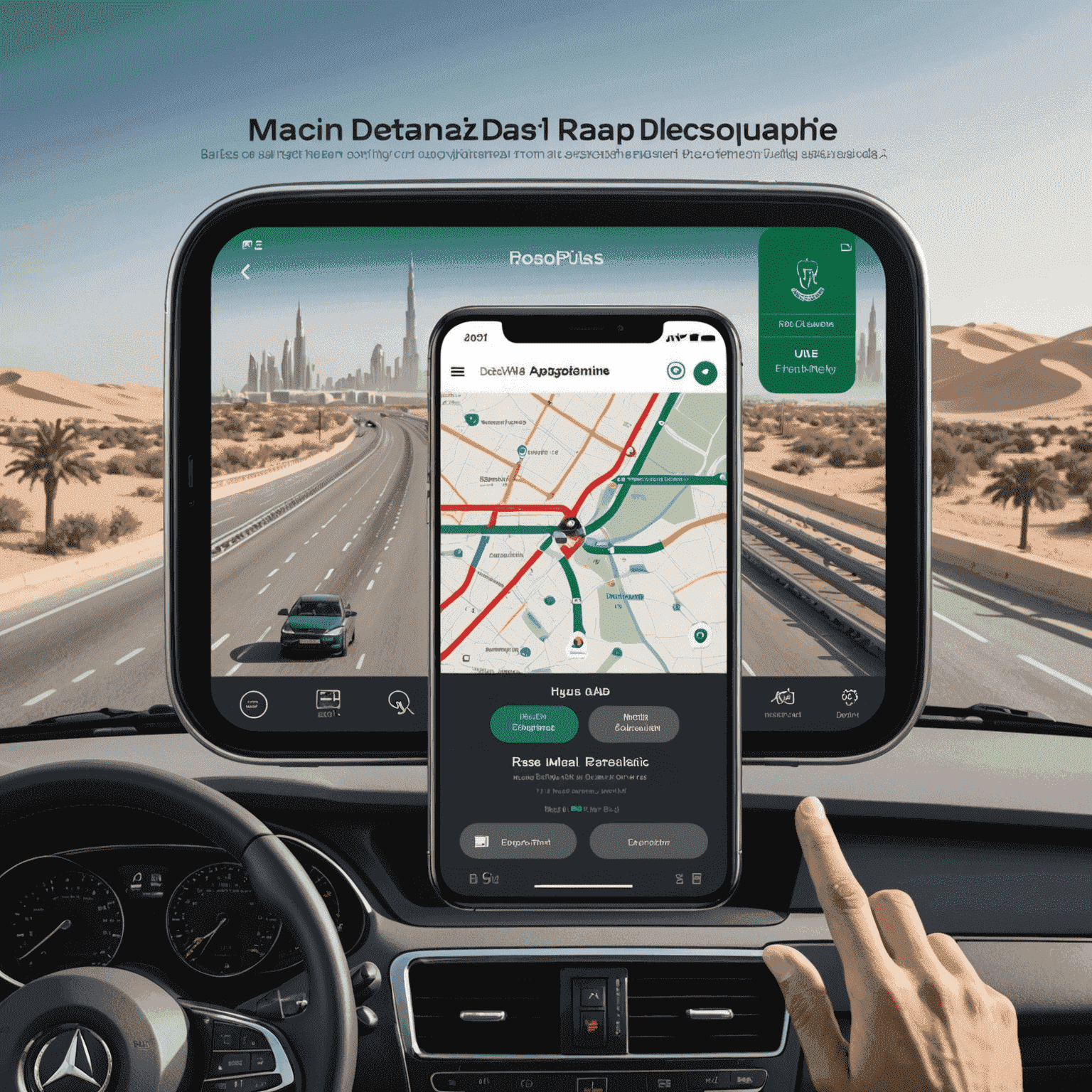 A modern smartphone displaying the RoadPass UAE app interface with new features highlighted