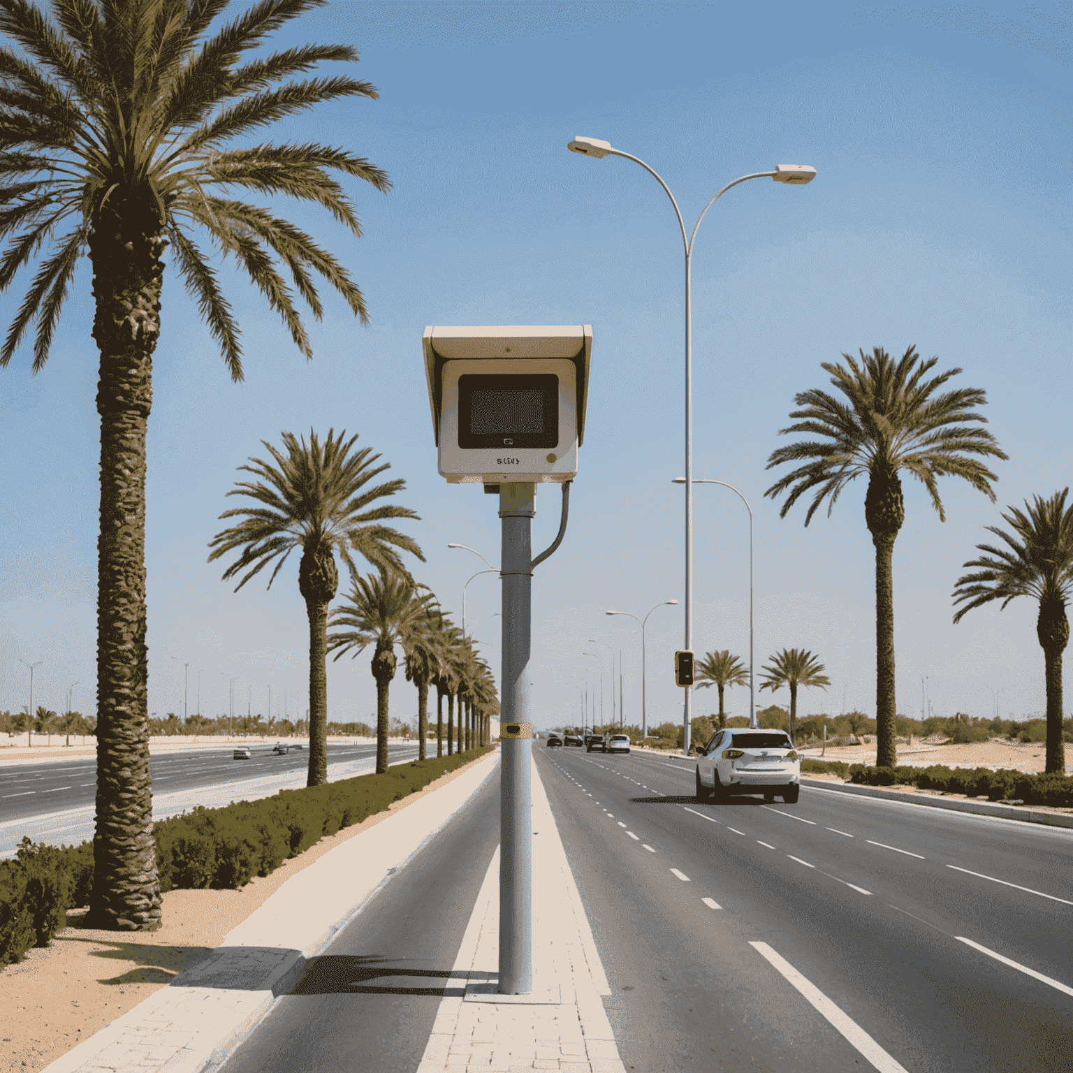 New speed camera installation on a road in Yas Island with palm trees in the background