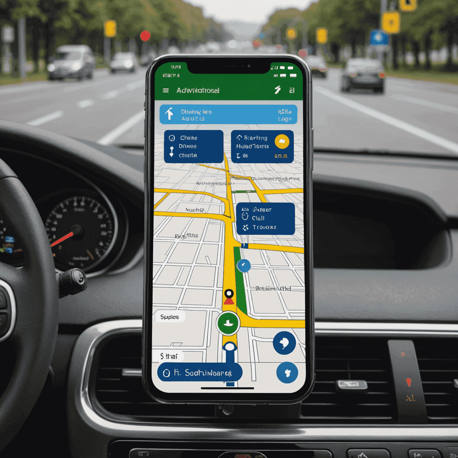 Smartphone screen showing a navigation app with RoadPass integration, displaying toll road options and costs