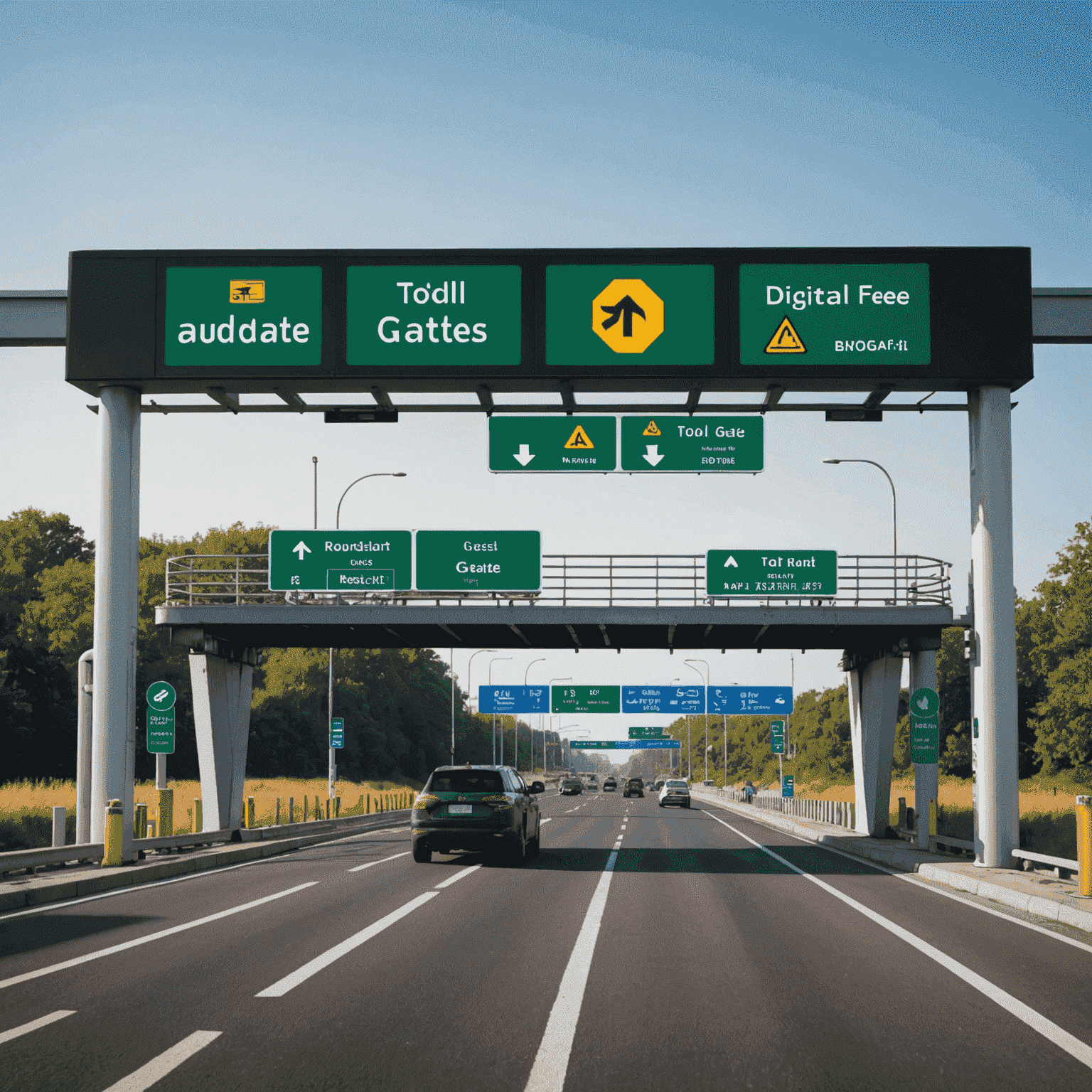 A toll gate with digital display showing updated toll fees and a RoadPass logo