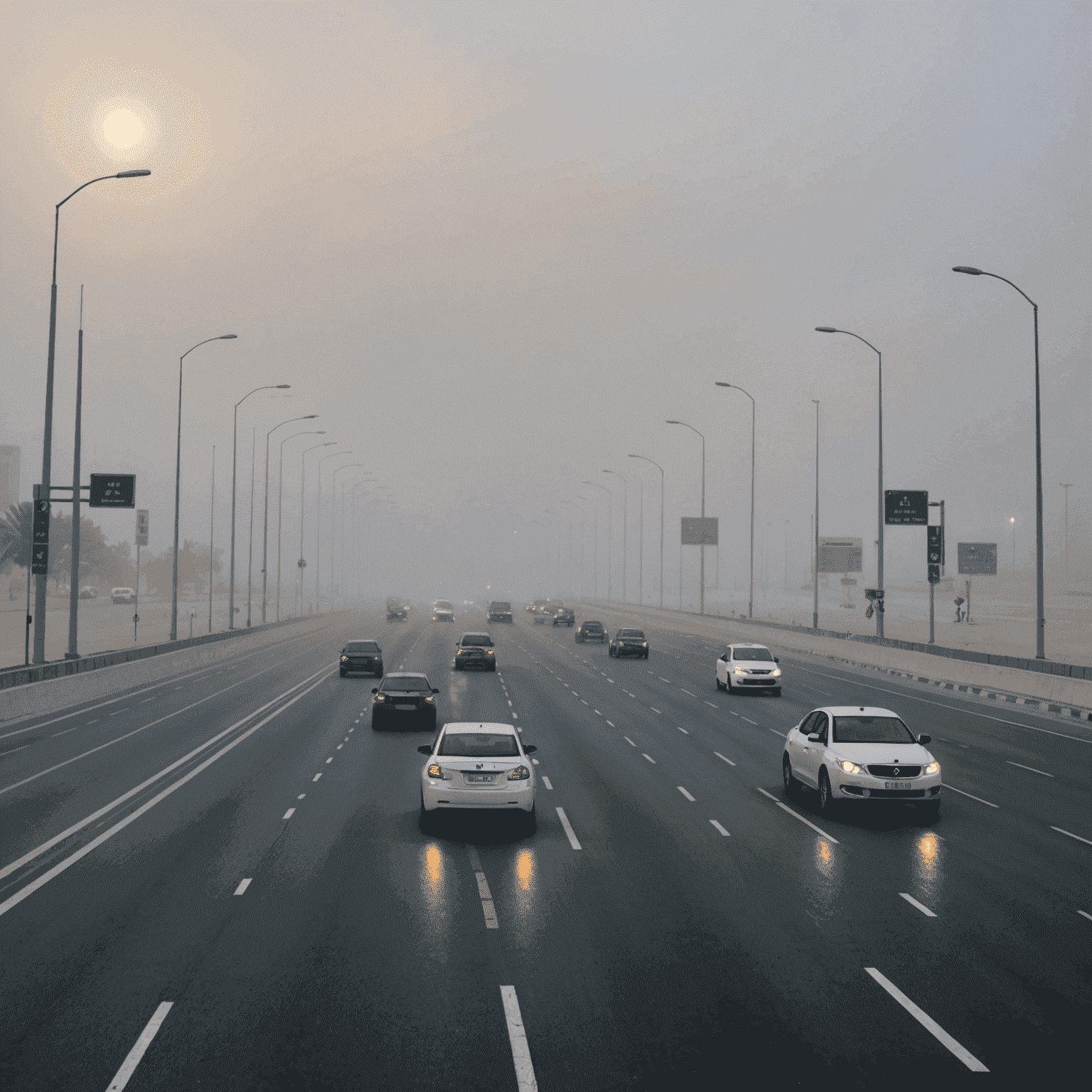 Foggy conditions on Dubai-Al Ain Road with cars using fog lights