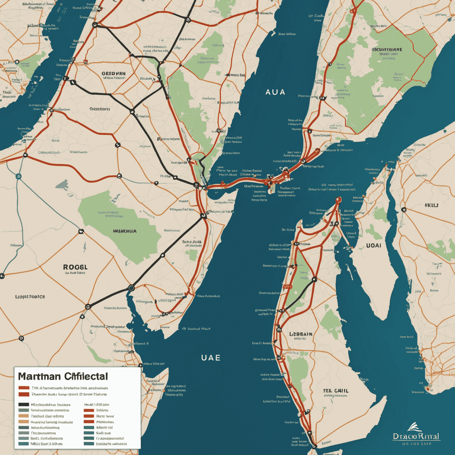 An interactive map of UAE showing toll road locations, with a route highlighted and toll costs displayed