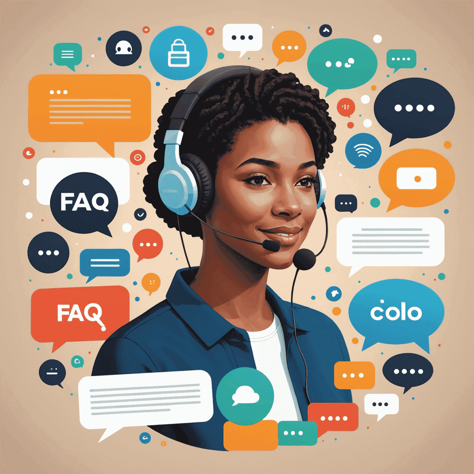 A collage of customer support channels including a headset, chat bubble, and FAQ document